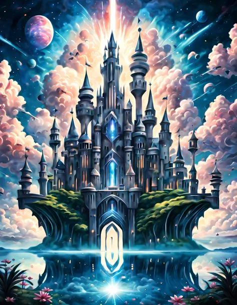 (symmetrical:1.3), (epic digital drawing:1.3), (((sci-fi))), a majestic (((sci-fi castle floating))) gracefully amidst the ((cos...