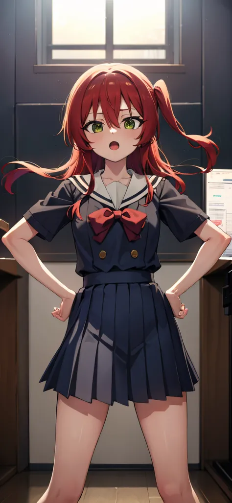 kitaikuyo, ikuyo kita, (green eyes:1.5), hair between eyes, long hair, one side up, red hair, (flat chest:1.2),
BREAK black footwear, black skirt, grey sailor collar, pleated skirt, sailor collar, school uniform, shoes, short sleeves, shuka high school uni...