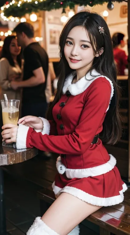 a closeup, ​masterpiece, top-quality, Raw foto, Photorealsitic, beautiful a girl, cute little, longwavy hair, depth of fields, hight resolution, ultra-detailliert, finely detail, ighly detailed,Santa Claus Costume、a miniskirt、long boots、illuminations、Chris...