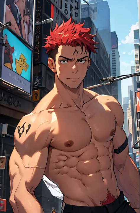 A mais alta qualidade, 8K, image high resolution, Detailed strokes, no meio de uma avenida movimentada estilo Times Square, muito sol, 夏天 , muito calor, apoiado em um dos postes, adolecente, Red Hair, no shirt  , masculo, swollen chest  , suado, (Angulo de...