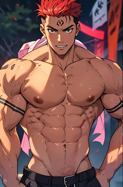 A mais alta qualidade de imagem，Pessoas do sexo masculino，1 menino，jovem e bonito，Red Hair ，Cabelo liso curto，Pele escura，Anime peito grande，anime wallpaper，sozinho，Foco Masculino，cuecas，Dilation of the pectoral muscles，Virilha saliente，Fundo Urbano，Espalh...