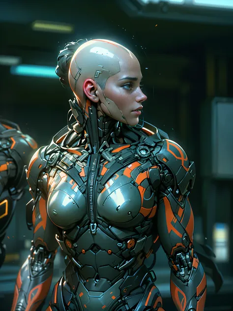 Cinematic, hyper-detailed, and insanely detailed, this artwork captures the essence of a bald hairless muscular female android girl. Beautiful color grading, enhancing the overall cinematic feel. Unreal Engine brings her anatomic cybernetic muscle suit to ...