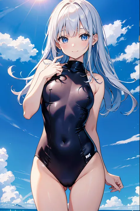 ((4ｋ、8ｋ、top-quality、Perfect Finger：1.3、Perfect Anatomy：1.3、Blur the background))、((elementary student、8years old、Small breasts、Cute droopy eyes、stright long hair、A slender))、a smile、（white and black one piece swimsuit）、Angle where the whole body is depicte...