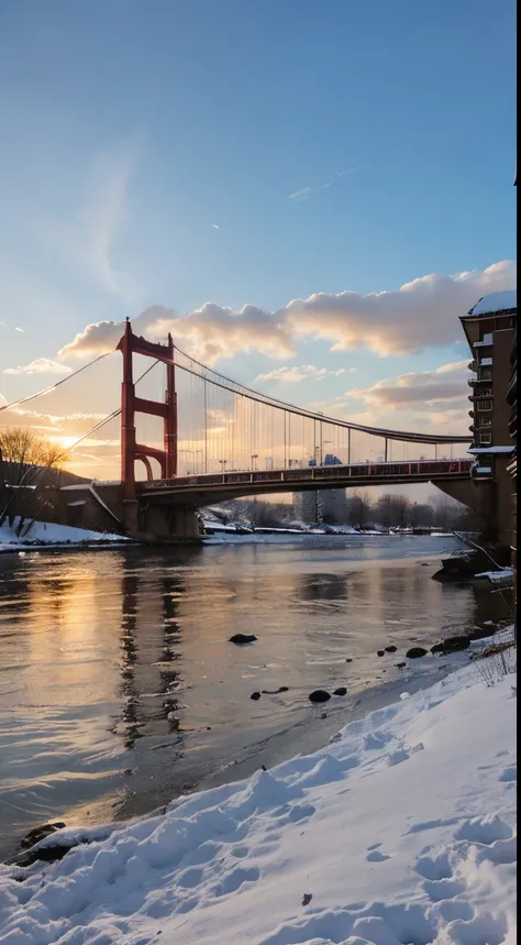 Morning sunrise over a snowy city with a bridge and a river