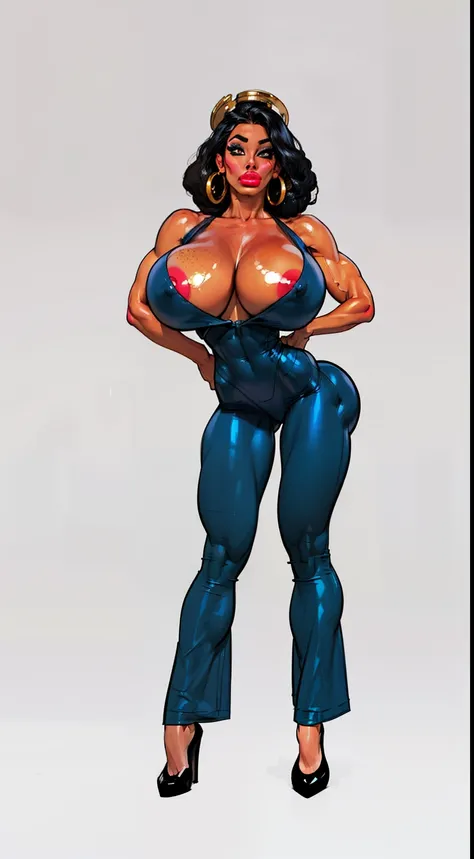 ((masterpiece)),(((best quality))),((character design sheet)), ((full body view)) ((black woman)), ((seductive eyes:1.4)), defined cheekbones, high cheekbones, illustration,  muscular, ((gold:1.4)), sexy bimbo, (gigantic breasts:1.7) black Afro hair, ((det...