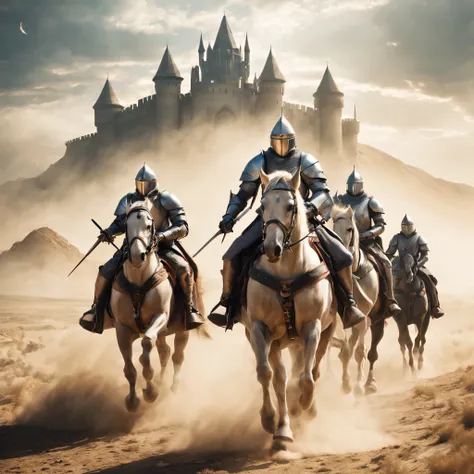 Medieval knights on horses gallop towards the viewer across the dusty steppe., knights in light armor, a spaceship from the future flies over the knights, the spaceship has a mesmerizing, streamlined shape and looks fantastic, Ao fundo, behind clouds of li...