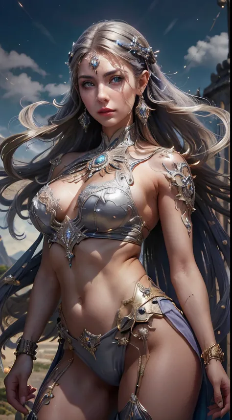 Front view, (Obra maestra), La mejor calidad, ojos expresivos, Cara perfecta, Mujer guerrera, Espada en mano izquierda, semidesnudo, pulsera de acero, pulsera de plata, bronze belt, senos expuestos, hermosa vagina, vagina with small soft hairs , mujer con ...