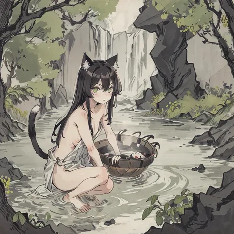 solo, female cat, neko, naked, nude, no clothes, black ears, open air bath, yokai, monsters, black medium length messy hair, green eyes, crouching, hissing, claws out, legs spread, disheveled, alley, ancient japan, masterpiece, high quality,