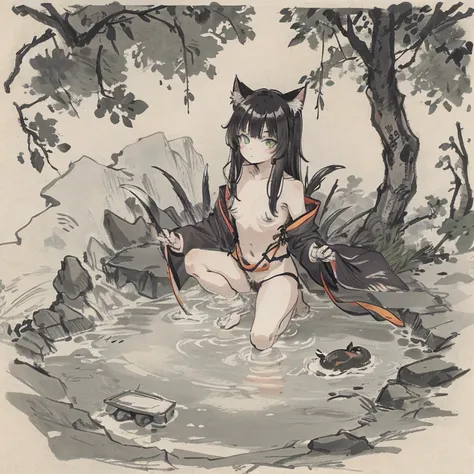 solo, female cat, neko, naked, nude, no clothes, black ears, open air bath, yokai, monsters, black medium length messy hair, green eyes, crouching, hissing, claws out, legs spread, disheveled, alley, ancient japan, masterpiece, high quality,