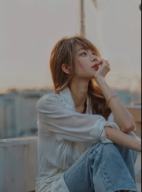 ​masterpiece、8K、32K、top-quality、(A detailed eye)、(A cute Japanese woman、bangss)、23years old、1 girl in、elegent、(Detailed background depiction、portlate:1.2)、(Daytime、On the rooftop:1.4)、half eyes