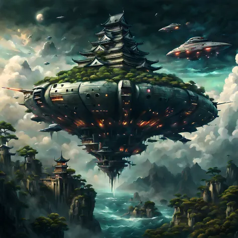 (epic digital drawing:1.3), ((tropical landscape)), (((menacing spaceship))) gracefully floating ((above a legendary Japanese castle)), (((ethereal sky))), surreal fusion of medieval and sci-fi elements, (spiky), More Detail