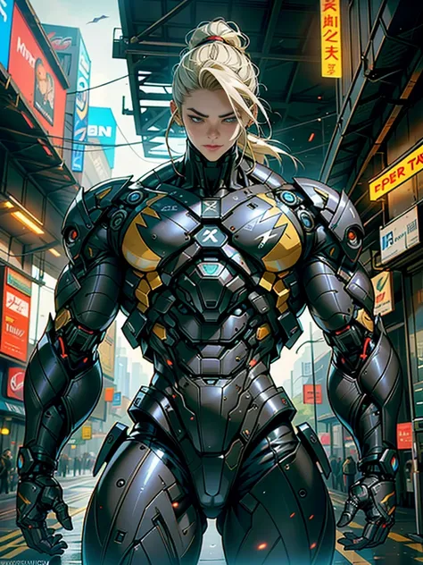 (1girl:1.5), Cinematic, hyper-detailed, and insanely detailed, this artwork captures the essence of a hairless muscular female android girl. Beautiful color grading, enhancing the overall cinematic feel. Unreal Engine brings her anatomic cybernetic muscle ...