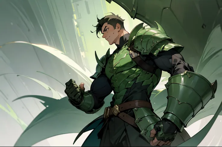 Dark green short hair，Brawny，male people，uncle，broad chest width，Handsome，Holding a giant green scaly shield in hand，Detail of dark green armor，black long sleeves，Detail of biceps，Strong