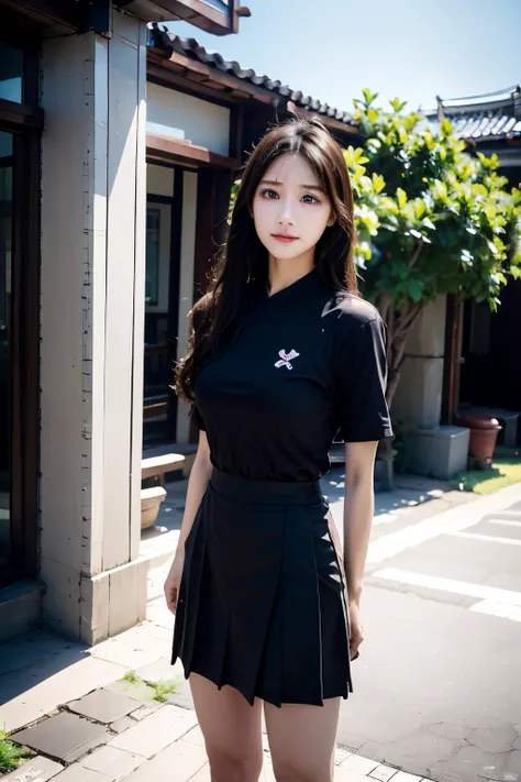 arafed woman in a black shirt and black skirt posing for a picture, a picture inspired by Ni Yuanlu, instagram, shin hanga, gemma chen, sha xi, cindy avelino, wenfei ye, jaeyeon nam, chiho, lu ji, 18 years old, 20 years old, joy ang, full body xianxia