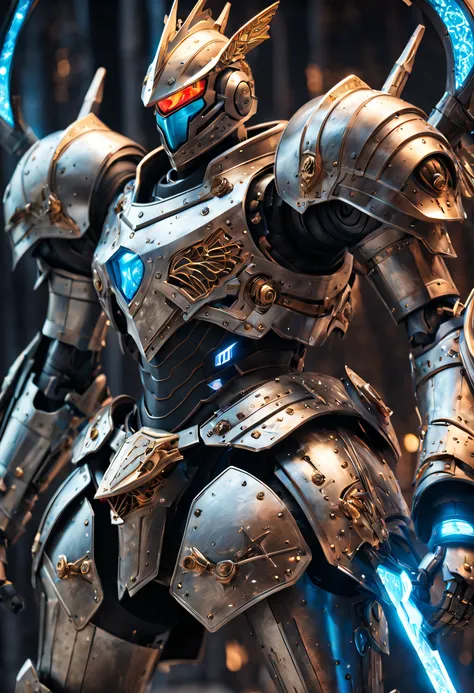 TangMPl44T3chXL, (Knight wearing European medieval heavy armor)，(The armor incorporates futuristic sci-fi elements)，(glowing wires、High-tech textures and smart sensors)，((Knight holding medieval style battle ax))，((The Tomahawk also incorporates future tec...