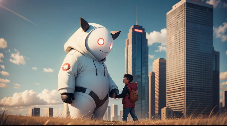 Baymax, a personal healthcare companion robot holding a boy in hoodie in a field of grass, cinematic, skyscrapers, carrying a man to the hospital --auto --s2