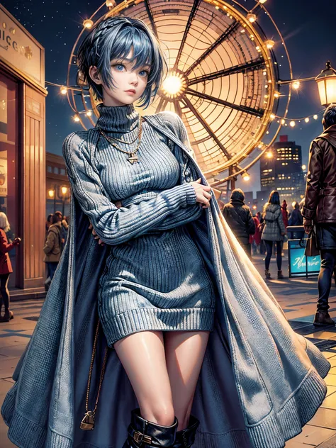 Cinematic lighting、16k picture quality、highlydetailed skin,(1girl in, Solo:1.2)、Best Quality,cyberpunked,(1beautiful woman、Detailed beautiful facial features hair、short cut blue hair、blue eyess:1.3)Rosary Necklace、
1girl in, short braided hair, 
BREAK Chun...