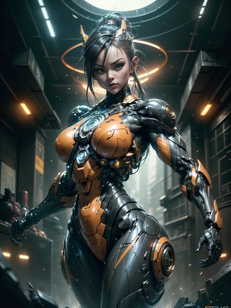 (1girl:1.5), Cinematic, hyper-detailed, and insanely detailed, this artwork captures the essence of a hairless muscular female android girl. Beautiful color grading, enhancing the overall cinematic feel. Unreal Engine brings her anatomic cybernetic muscle ...