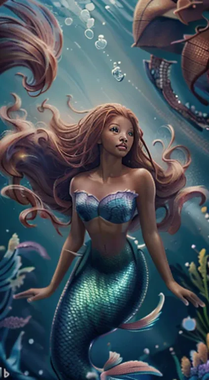 (hb_ariel) create a highly detailed and photorealistic image of a (black girl) version of disney's 'the little mermaid.  (long r...