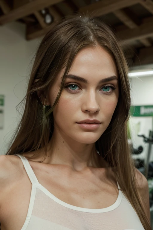 a woman with long blonde hair and green eyes at the gym, with green eyes, with stunning green eyes, keine Falten, Modelgesicht wie Megan Fox, big lips, Ultrarealistische digitale Malerei, Hyperrealistische digitale Malerei, Ultrarealistische digitale Kunst...