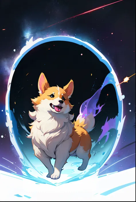 Corgi in a Blue wave of power, space and Nebula in the background