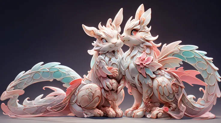 The shape of a dragon，The background was clean，dream color，Transparent statue，flower eyes，The white，red eyes，The eyes are clear，tmasterpiece，（Best quality at best：1.3），A rabbit，Full body lesbian，8K Ultra Clear