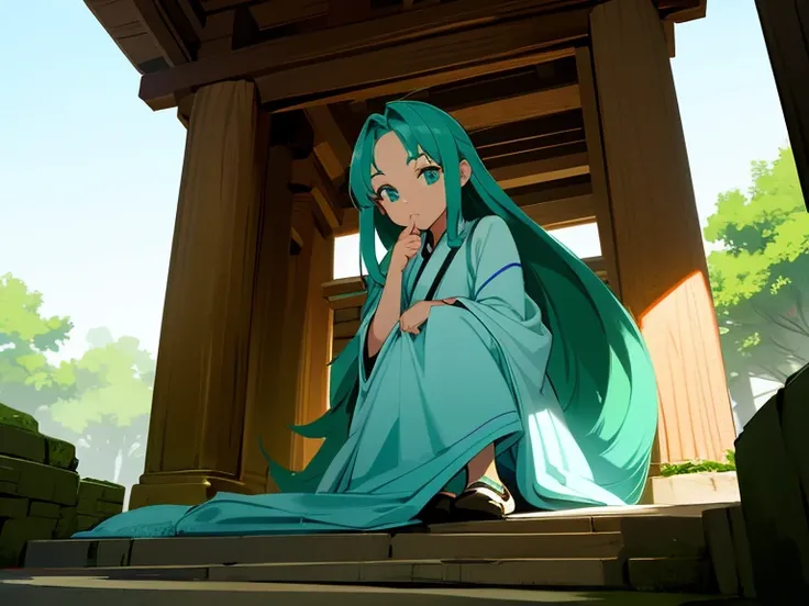 shrines，the setting sun，Under the steps，Green haired woman，Long seaweed-like hair，sideface，Kneel，DOA，Cyan Hanfu