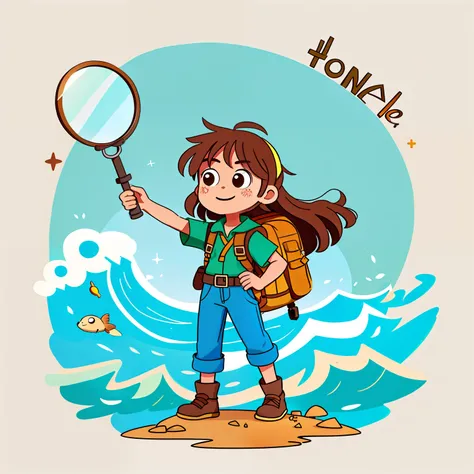 Girl with long brown hair，Adventure costumes，trouser，Carrying a large backpack，bivouac，A desert（There is an oversized compass on the back）（Hold the magnifying glass in your hand）swell sea，rough waves，（There is love）Happy，Surrounded by love，Surrounded by lo...