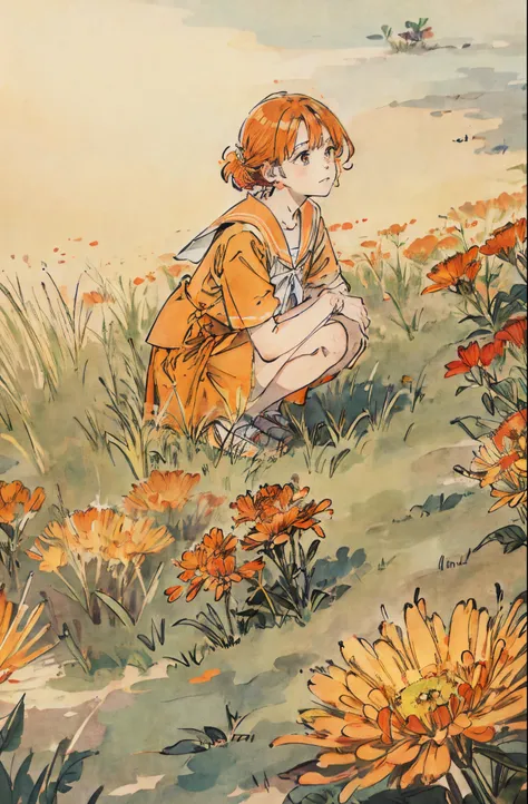 orange flower、orange color hair、a sailor suit、flower  field、crouching down