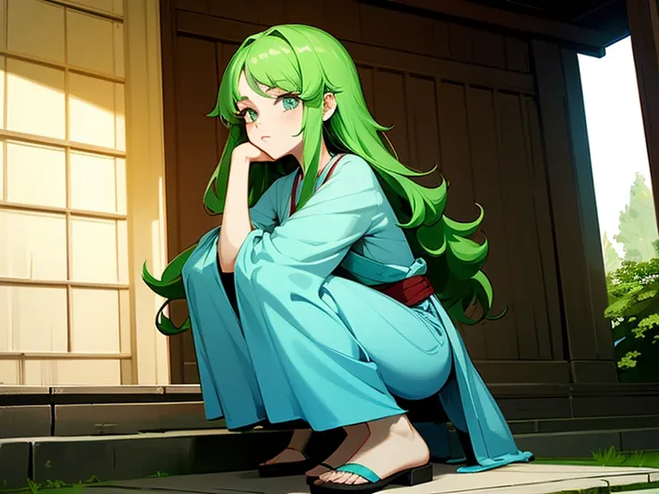 shrines，the setting sun，Under the steps，Green haired woman，Curly long hair，Long messy hair，sideface，Squats，Cyan Hanfu