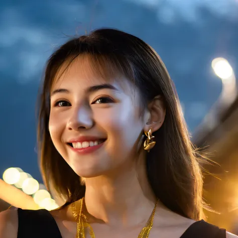 (8k, RAW photo, best quality, masterpiece:1.2), (realistic, photo-realistic:1.4), (extremely detailed 8k wallpaper), sharp focus, depth of field, blur background, bokeh,  cinematic lighting, soft light, upper body, 20 years old cute actress,smile