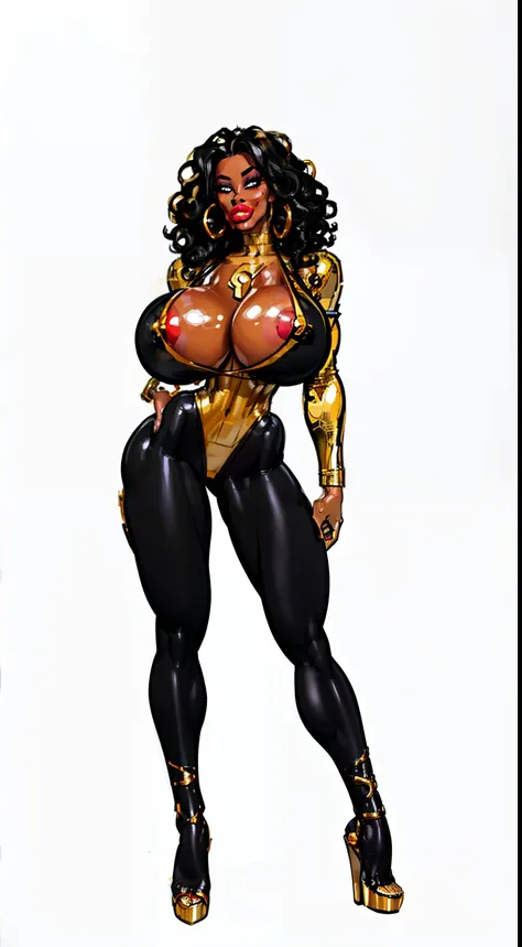 ((masterpiece)),(((best quality))),((character design sheet)), ((full body view)) ((black woman)), ((seductive eyes:1.4)), defined cheekbones, high cheekbones, illustration,  muscular, ((gold:1.4)), sexy bimbo, (gigantic breasts:1.7) (black hair), ((detail...