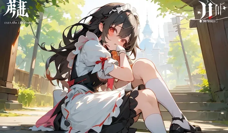 Anime girl sitting on the ground drinking coffee, Cute anime waifu in a nice dress, kawacy, loli in dress, anime girls in maid costumes, cushart krenz key art feminine, a maid in a magical forest, guweiz on pixiv artstation, Trending on ArtStation pixiv, B...