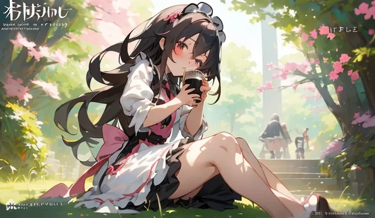 Anime girl sitting on the ground drinking coffee, Cute anime waifu in a nice dress, kawacy, loli in dress, anime girls in maid costumes, cushart krenz key art feminine, a maid in a magical forest, guweiz on pixiv artstation, Trending on ArtStation pixiv, B...