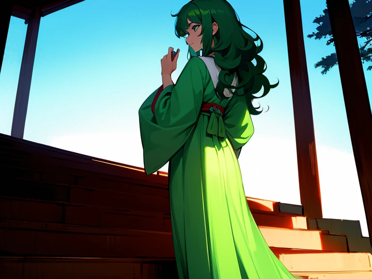 shrines，the setting sun，Under the steps，Green haired woman，Curly long hair，Long messy hair，sideface，Cyan Hanfu，Back Shadow