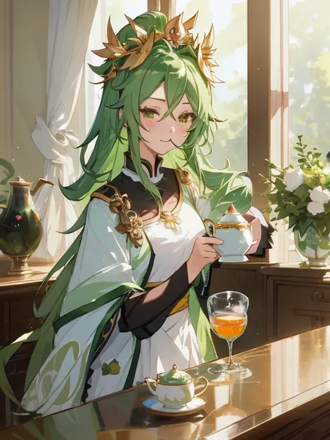 Anime girl with green hair and a flower crown with a teapot, Official art, official artwork, Is ((drinking a cup of tea)), lady palutena, high detailed official artwork, Drinking tea, marin kitagawa fanart, guweiz on pixiv artstation, loputyn and matcha, a...