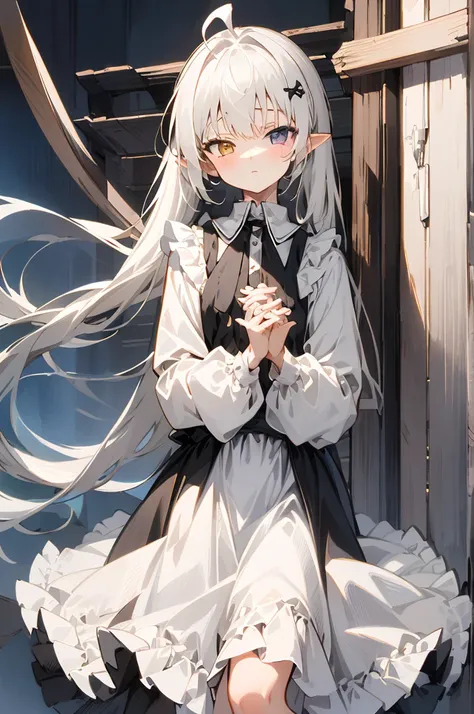 , (masterpiece:1.2), best quality,midjourney,
1girl, solo, long hair, white hair, looking at viewer, long sleeves, black dress, dress, own hands together, ahoge, very long hair, shirt, bangs, red hair, hair ornament, heterochromia, multicolored hair, point...