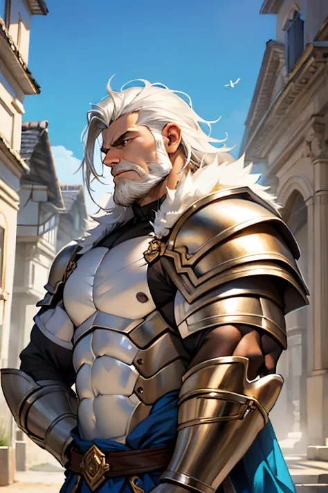 hombre con cabello muy corto, piel blanca, cuerpo muy musculoso, exageradamente musculoso, metallic armor, barba