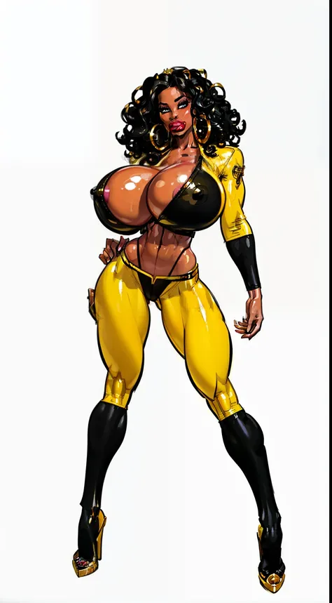 ((masterpiece)),(((best quality))),((character design sheet)), ((full body view)) ((black woman)), ((seductive eyes:1.4)), defined cheekbones, high cheekbones, illustration,  muscular, ((gold:1.4)), sexy bimbo, (gigantic breasts:1.7) (black hair), ((detail...