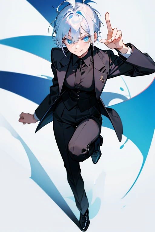 A 165cm tall Japanese girl with short, extremely messy blue-white hair, pure white, long eyelashes and bright blue pupils. Shes posing in mid-air, as if taking a professional photoshoot. Shes holding up one hand in a peace sign while winking and sticking o...