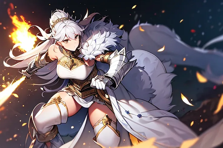 guy wearing silver fur pelts, a ragged skirt with a thick silver fur waistline, and gold-trimmed white armor on his right shoulder, masterpiece, best quality, ((character concept)),