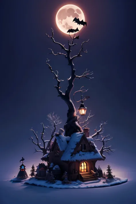 Santa Claus in The Nightmare Before Christmas, under a dead tree, moonlit night, bats, Tim Burton film, high color rendering, high definition,