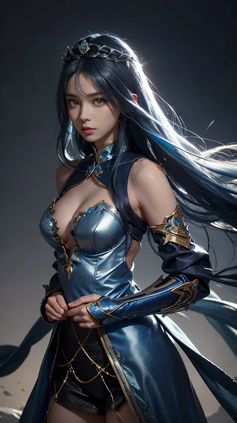 model shoot, (1 girl), long hair, blue hair, Islamic warrior, blue outfit, laces, shining:1.5, hyper realistic, super detailed, Dynamic shot, masterpiece, scene sharp détails, perfect eyes, perfect skin, perfect hands, attractive poses,