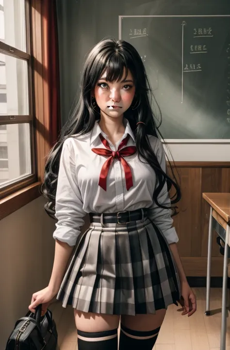 (full figure:1.1), 1 girl as yukino yukinoshita, absurdres, highres, solo, school uniform, big breasts, waist long black hair, (twintails:0.5), miniskirt, (black thighhigh socks:1.1), loose red ribbon, unbuttoned white shirt, (ahegao:1.2), (rolling eyes:1....