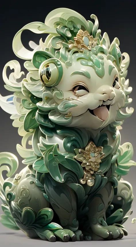 toad shape，Bling background，dream color，Transparent statue，flower eyes，green color，with her mouth open，Smilingly，tmasterpiece，jade material，（Best quality at best：1.3），