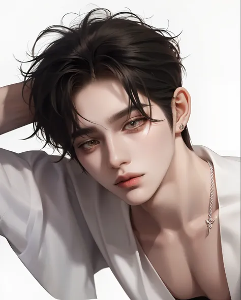 ((1man))),((ulzzangs)),((hair messy)),Handsome,((man)),(White background),Necklace,The tattoo,((Korean)),Model,Posing,((Shorthair)),Sensual eyes,((croptop))