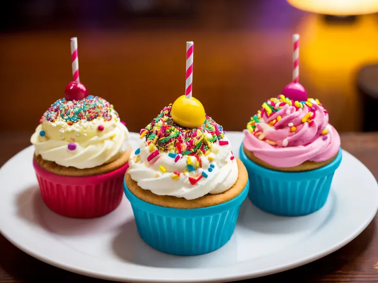 analog style, photorealistic, the most delicious triple sundae with colourful sprinkles, on a table in a cafe, dimly lit, light particles, haze, halation, bloom, dramatic atmosphere, centred, rule of thirds, 200mm 1.4f macro,