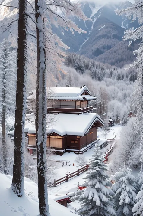 snow mountains, Quiet snow-capped landscape, Breathtaking natural landscapes, Outside, traditional japanese building, quiet mountain resort, A quiet winter wonderland, Snow-covered peaks, Majestic beauty, pristine white snow,