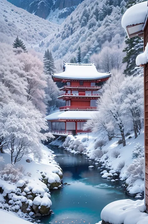 snow mountains, Quiet snow-capped landscape, Breathtaking natural landscapes, Outside, traditional japanese building, quiet mountain resort, A quiet winter wonderland, Snow-covered peaks, Majestic beauty, pristine white snow,