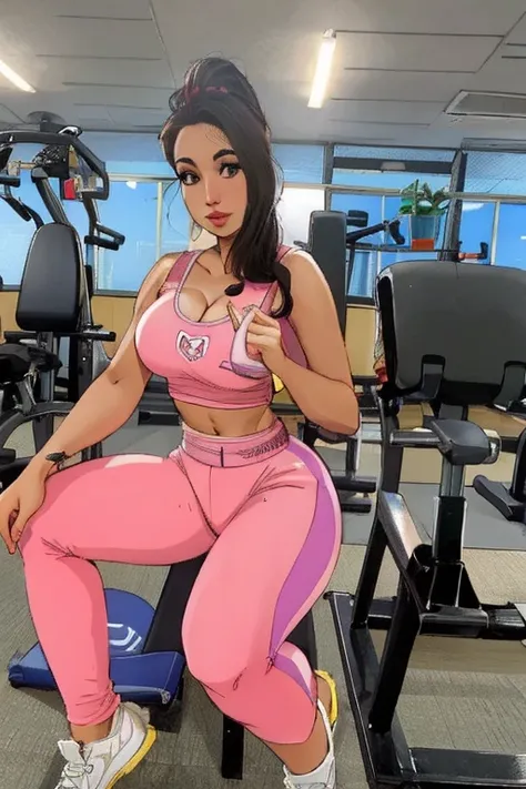 uma mulher com roupa esportiva rosa sentada em um banco de uma academia, Marischa Becker, em uma academia, Mulher de 30 anos de Cuba, Karla Ortiz, two piece workout clothes, Lorena Avarez, Parece Fabiula Nascimento, IFBB Corpo Fitness, fernanda suarez, fit...